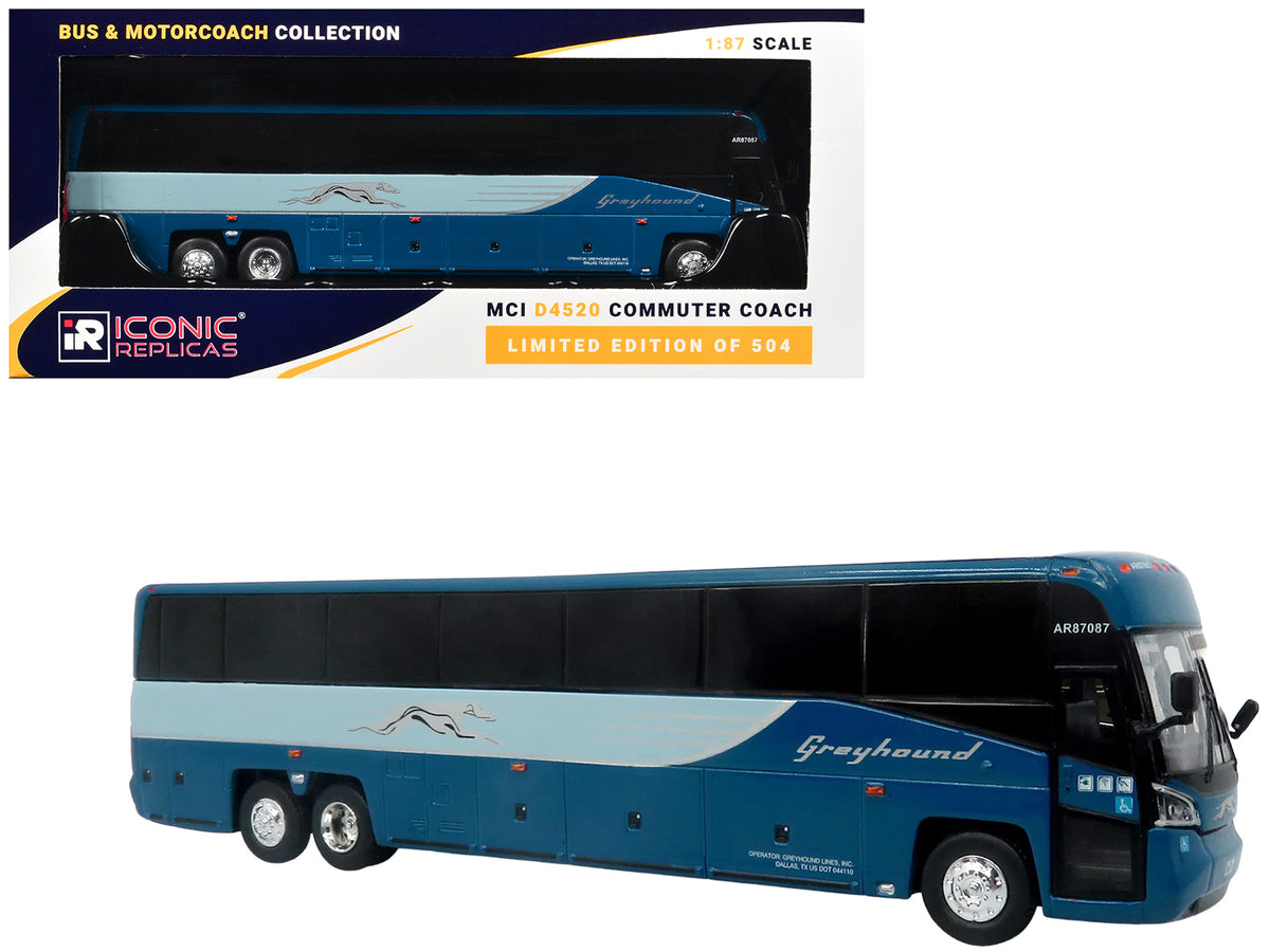 MCI D4520 Commuter Coach Bus "Greyhound Lines" Blue with Light Blue Stripes "The Bus & Motorcoach Collection" Limited Edition to 504 pieces Worldwide 1/87 (HO) Scale Diecast Model by Iconic Replicas
