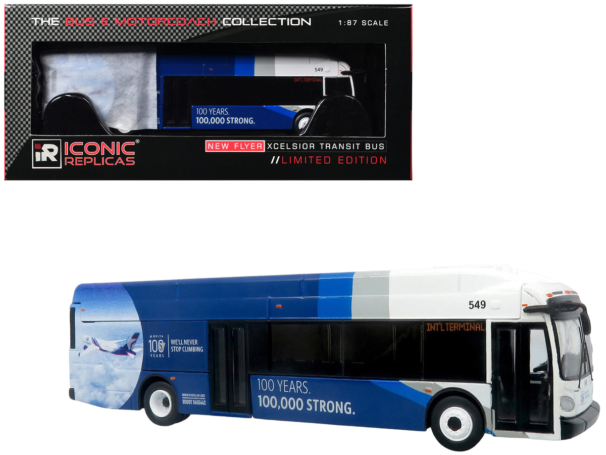 New Flyer Xcelsior XN40 Transit Bus "Delta Air Lines 100th Anniversary" Blue and White with Graphics "The Bus & Motorcoach Collection" Limited Edition 1/87 (HO) Scale Diecast Model by Iconic Replicas