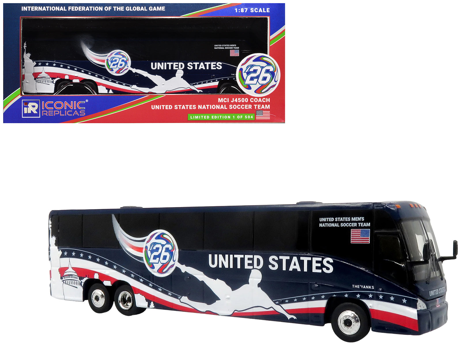MCI J4500 Coach Bus "United States National Soccer Team" Dark Blue with Graphics "International Federation of the Global Game" Series Limited Edition to 504 pieces Worldwide 1/87 (HO) Diecast Model by Iconic Replicas