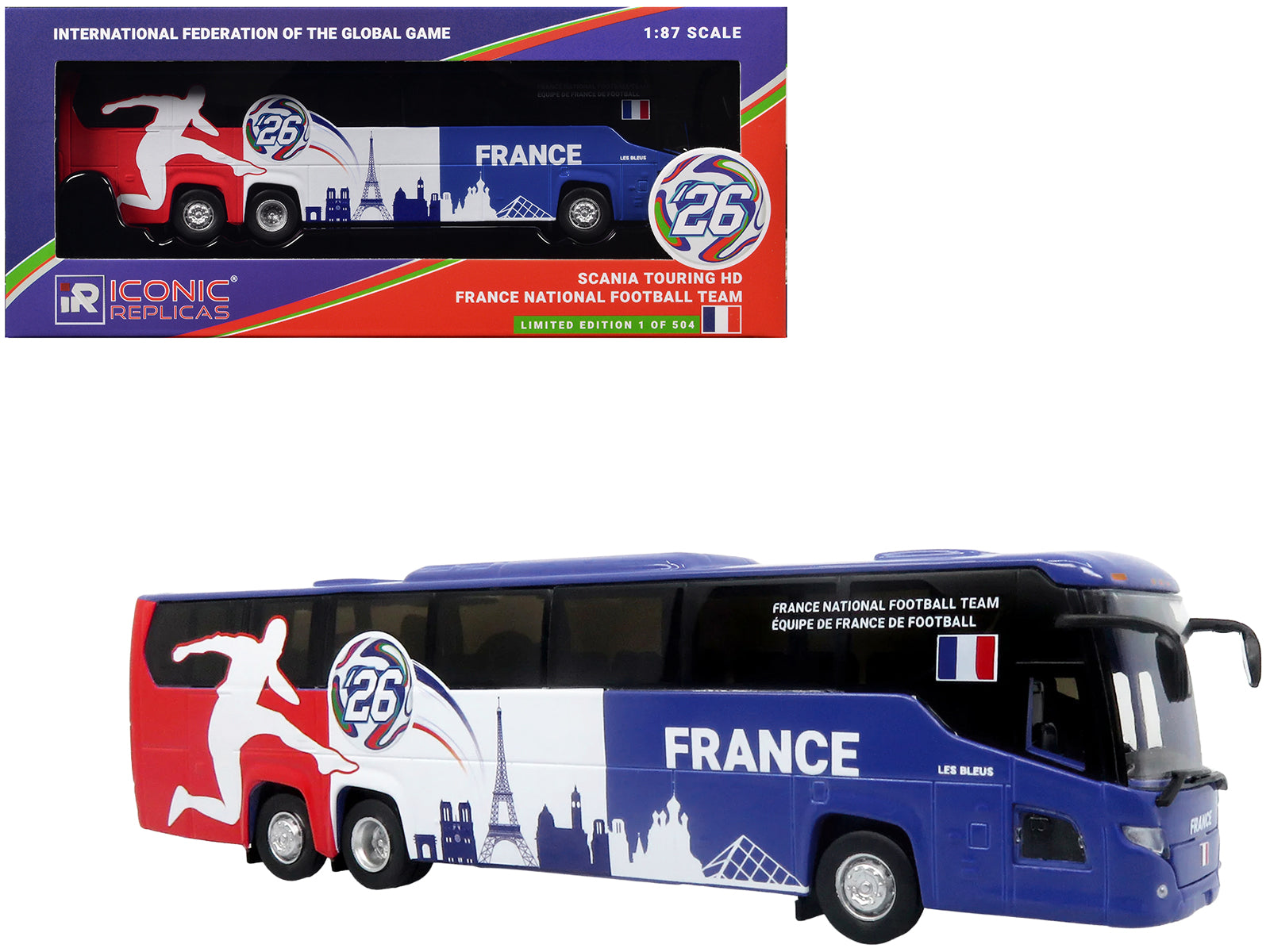 Scania Touring HD Coach Bus "France National Football Team" Blue with Graphics "International Federation of the Global Game" Series Limited Edition to 504 pieces Worldwide 1/87 (HO) Diecast Model by Iconic Replicas