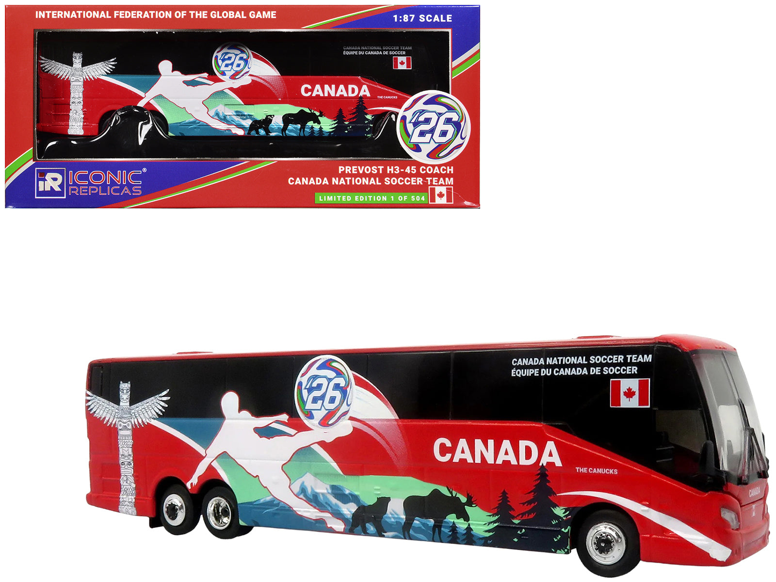 Prevost H3-45 Coach Bus "Canada National Soccer Team" Red with Graphics "International Federation of the Global Game" Series Limited Edition to 504 pieces Worldwide 1/87 (HO) Diecast Model by Iconic Replicas