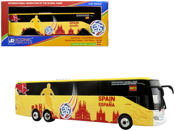 Daimler Tourrider Coach Bus "Spain National Football Team" Yellow with Graphics "International Federation of the Global Game" Series Limited Edition to 504 pieces Worldwide 1/87 (HO) Diecast Model by Iconic Replicas