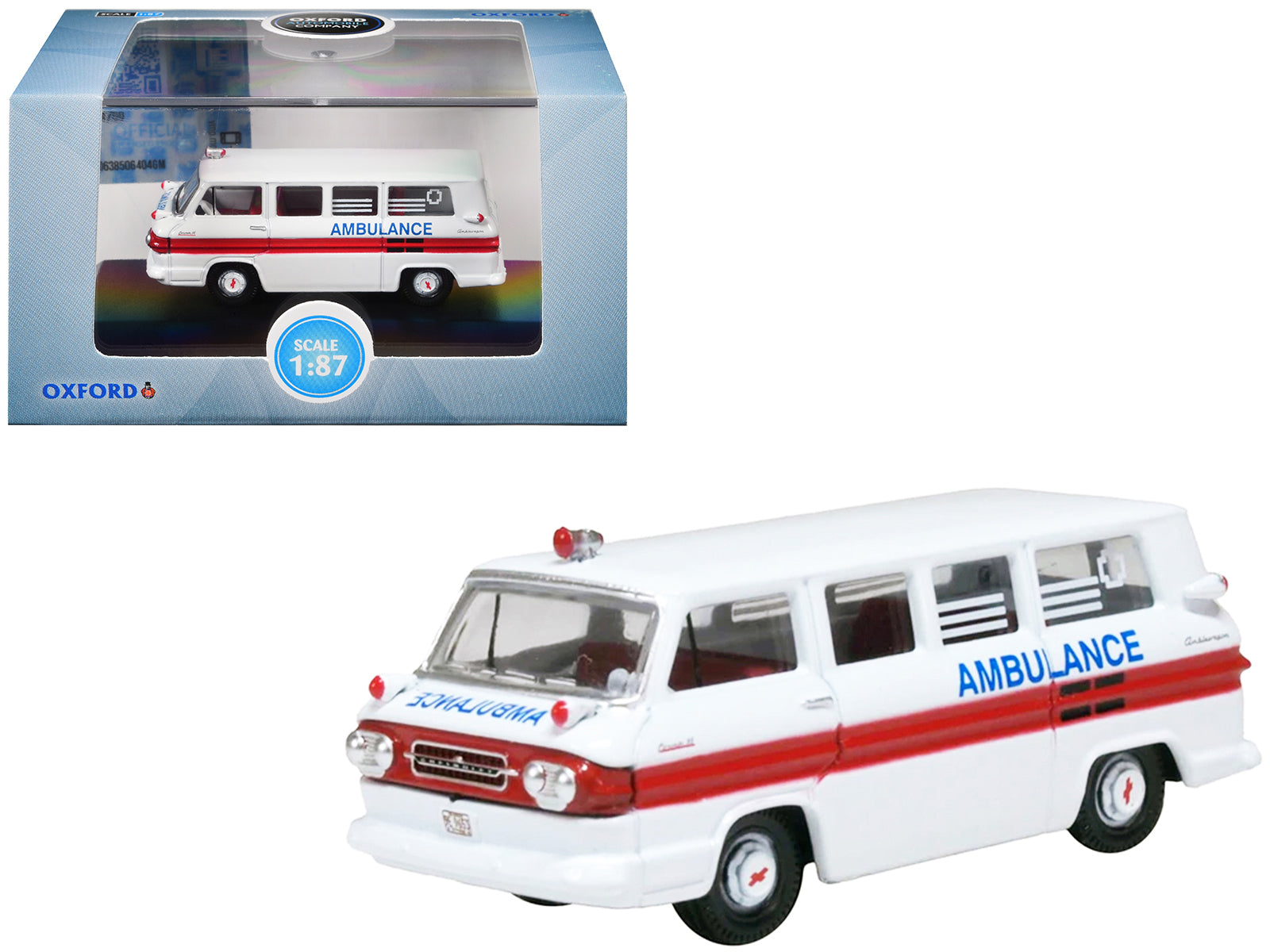 1962 Chevrolet Corvair Greenbrier AmbleWagon Ambulance White with Red Stripes 1/87 (HO) Scale Diecast Model Car by Oxford Diecast