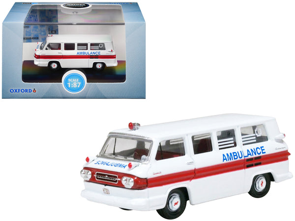 1962 Chevrolet Corvair Greenbrier AmbleWagon Ambulance White with Red Stripes 1/87 (HO) Scale Diecast Model Car by Oxford Diecast