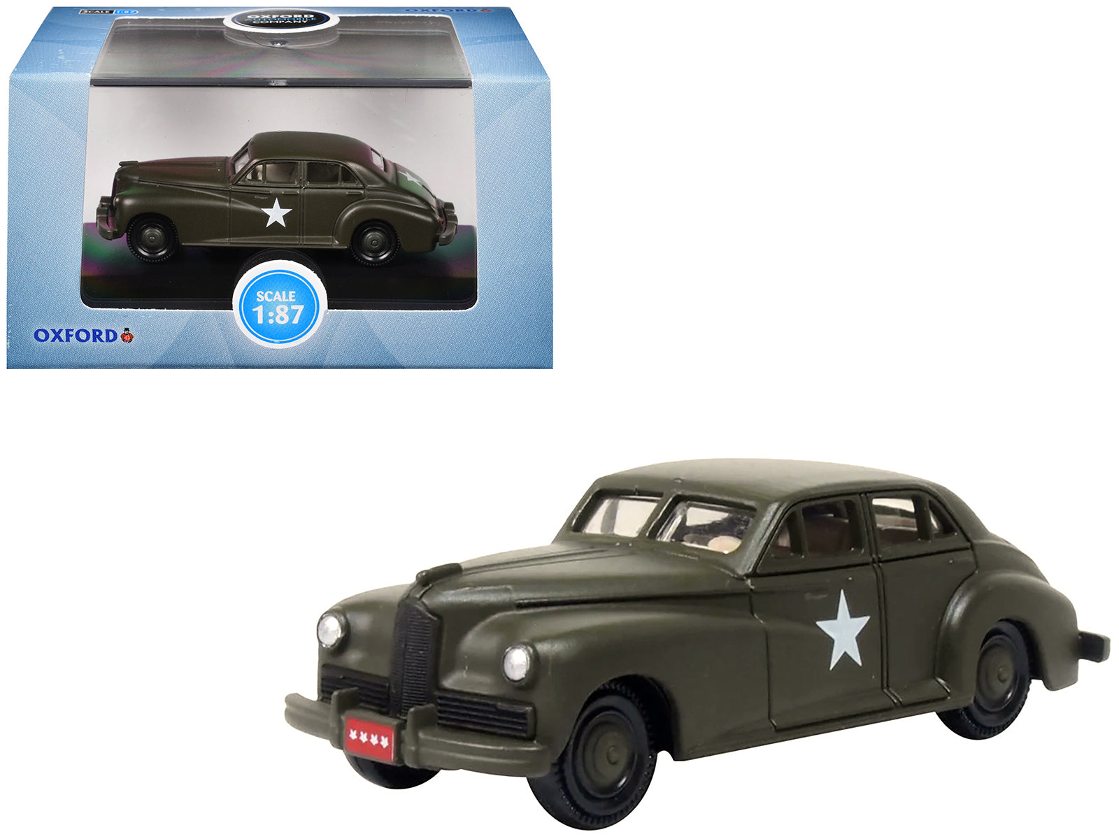 1942 Packard Clipper Touring Sedan "US Army Staff Car" Olive Drab 1/87 (HO) Scale Diecast Model Car by Oxford Diecast