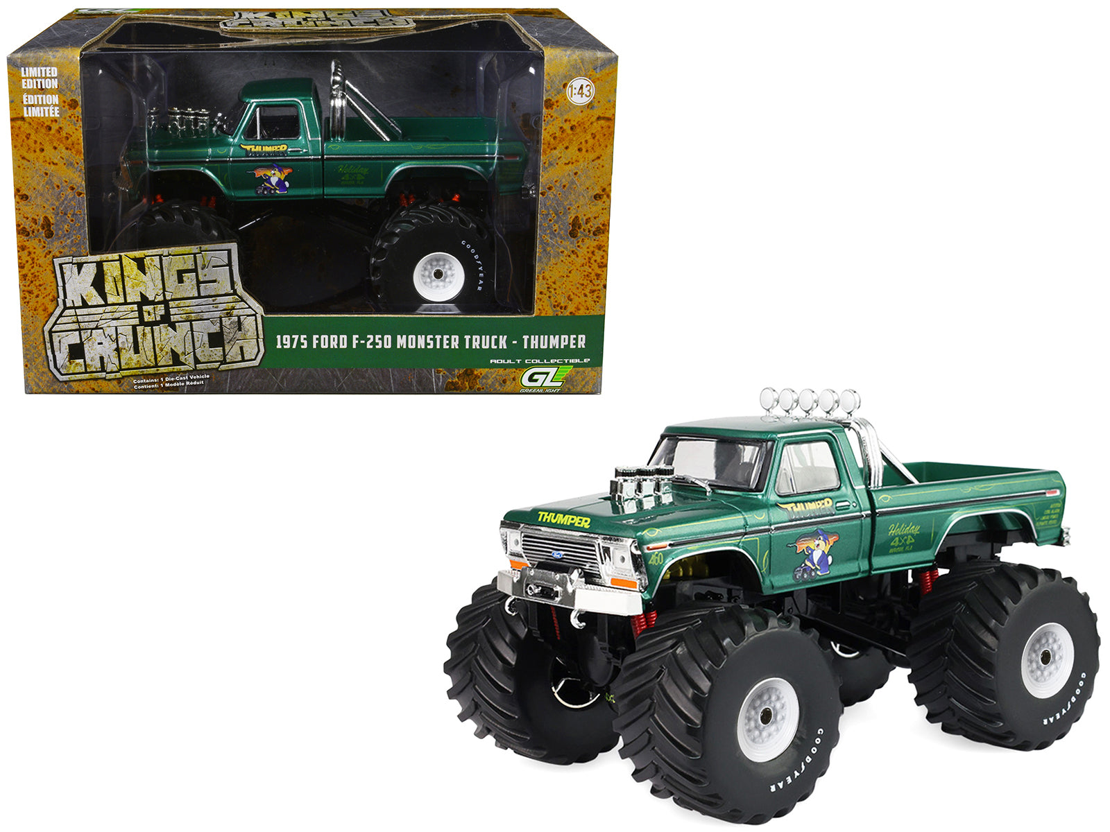 1975 Ford F-250 Monster Truck with 66-Inch Tires "Thumper" Green Metallic "Kings of Crunch" Series 1/43 Diecast Model Car by Greenlight