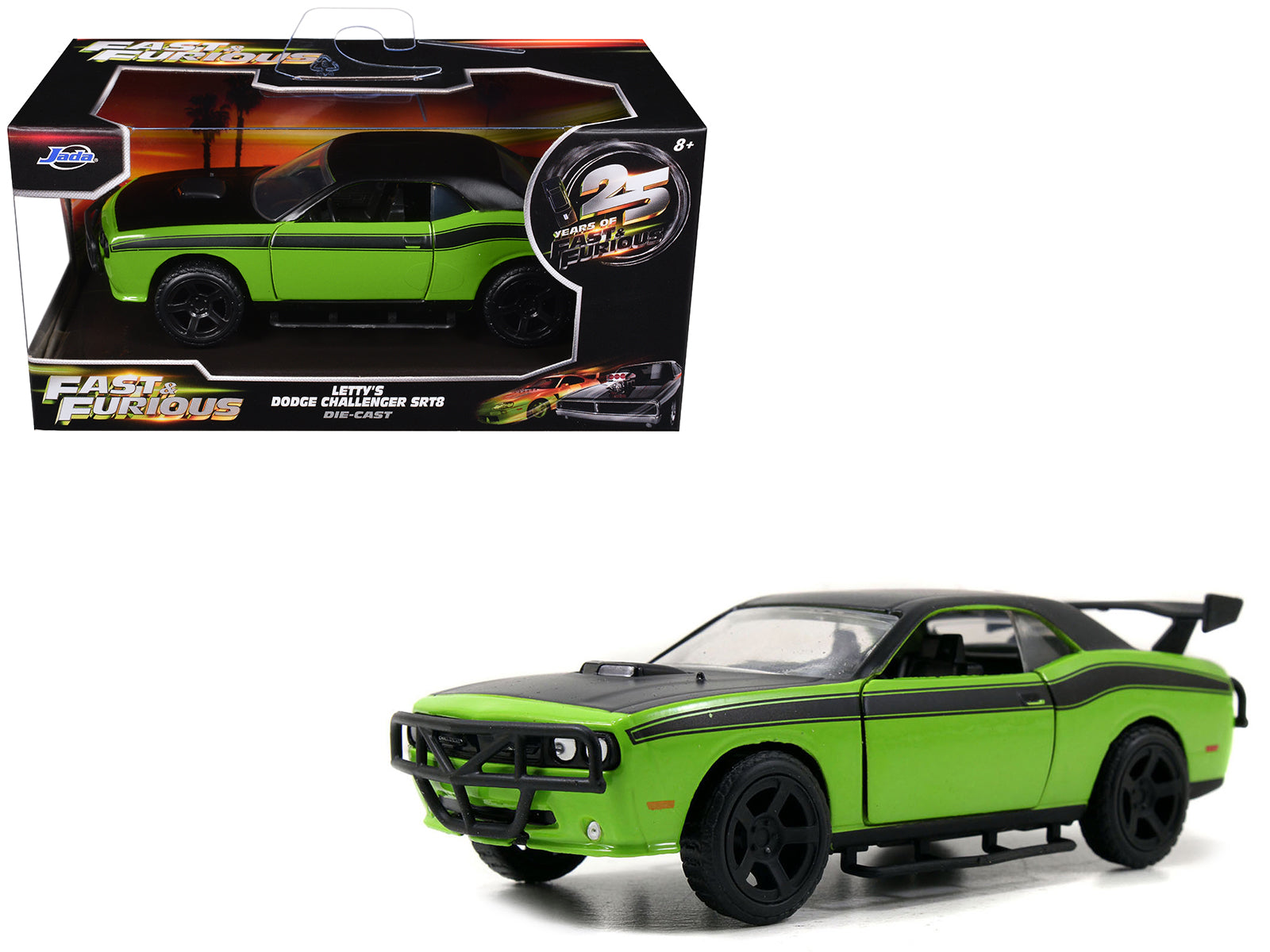 Letty's Dodge Challenger SRT8 Green with Matt Black Top and Hood and Black Stripes "Furious 7" (2015) Movie "Fast & Furious 25th Anniversary" Series 1/32 Diecast Car Model by Jada
