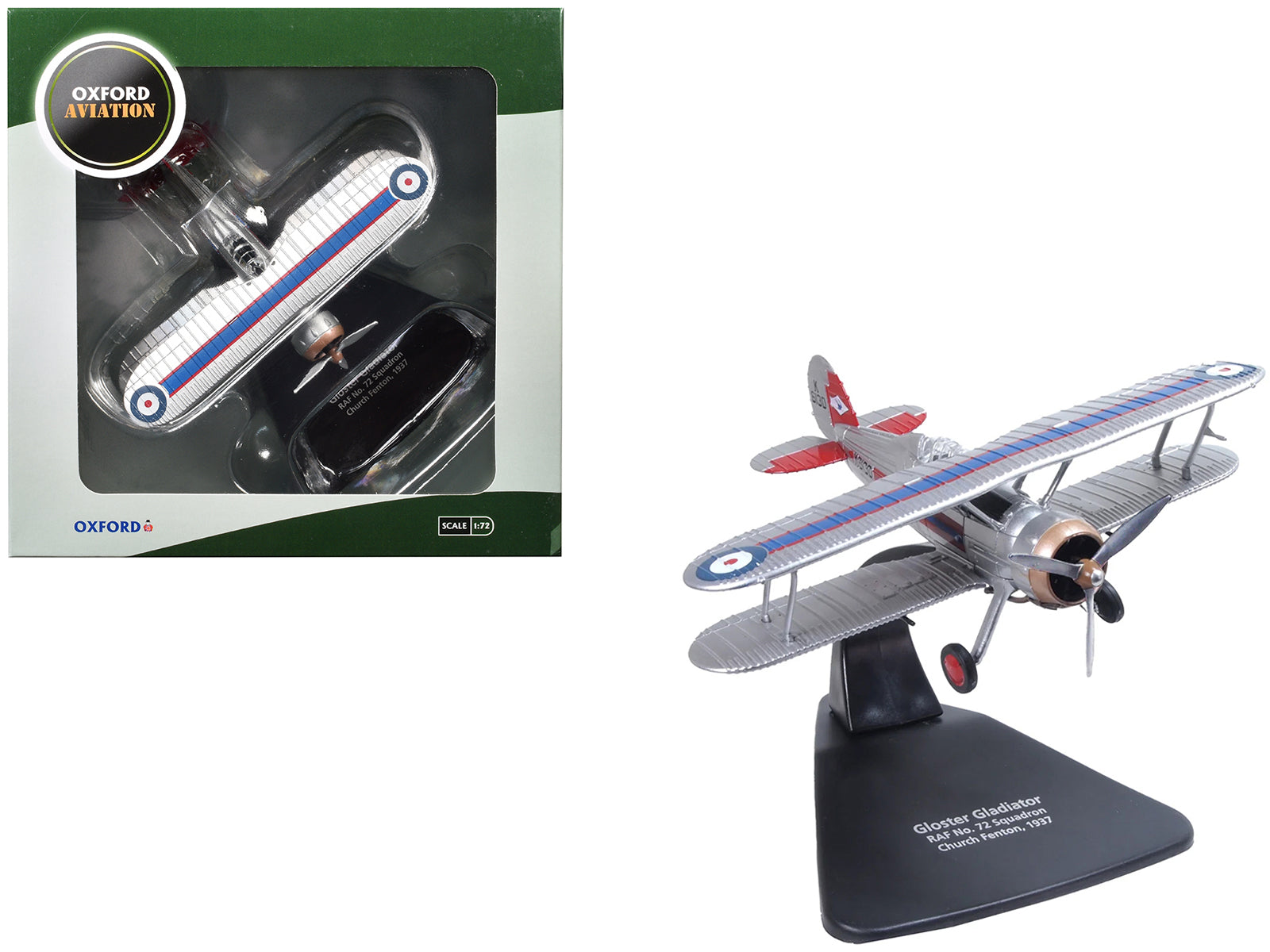 Gloster Gladiator Fighter Aircraft "No. 72 Squadron Church Fenton" (1937) British Royal Air Force "Oxford Aviation" Series 1/72 Diecast Model Airplane by Oxford Diecast
