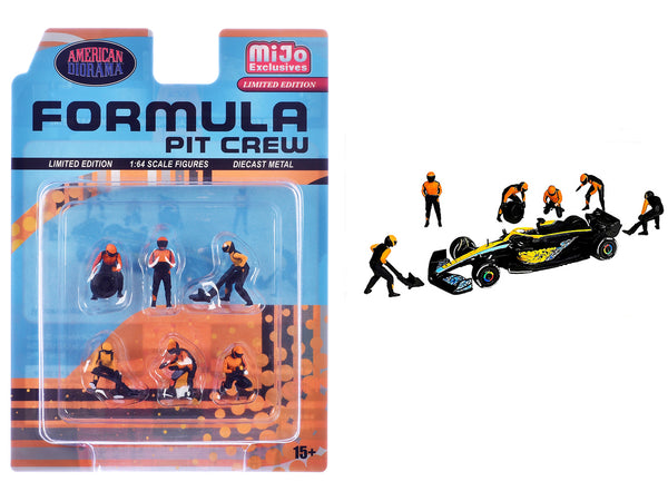"Formula Pit Crew – Team Orange" 6 piece Diecast Figure Set (6 Figures) Limited Edition for 1/64 Scale Models by American Diorama
