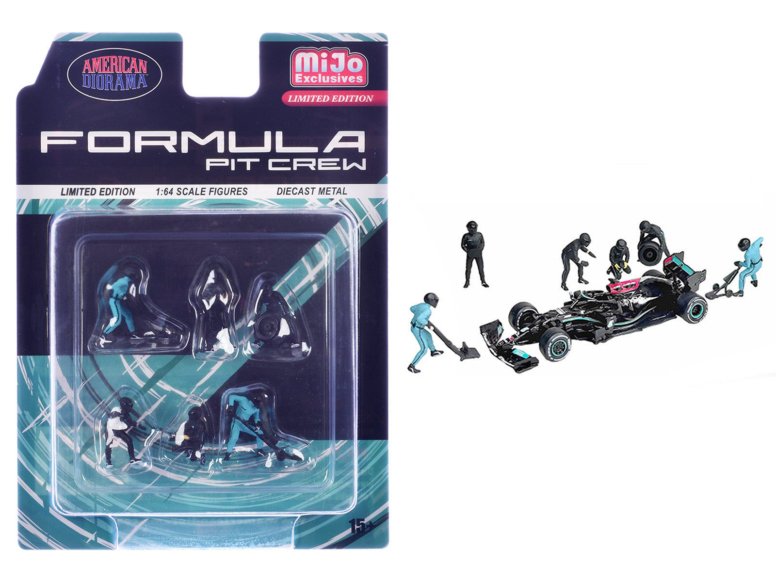 "Formula Pit Crew – Team Black" 6 piece Diecast Figure Set (6 Figures) Limited Edition for 1/64 Scale Models by American Diorama