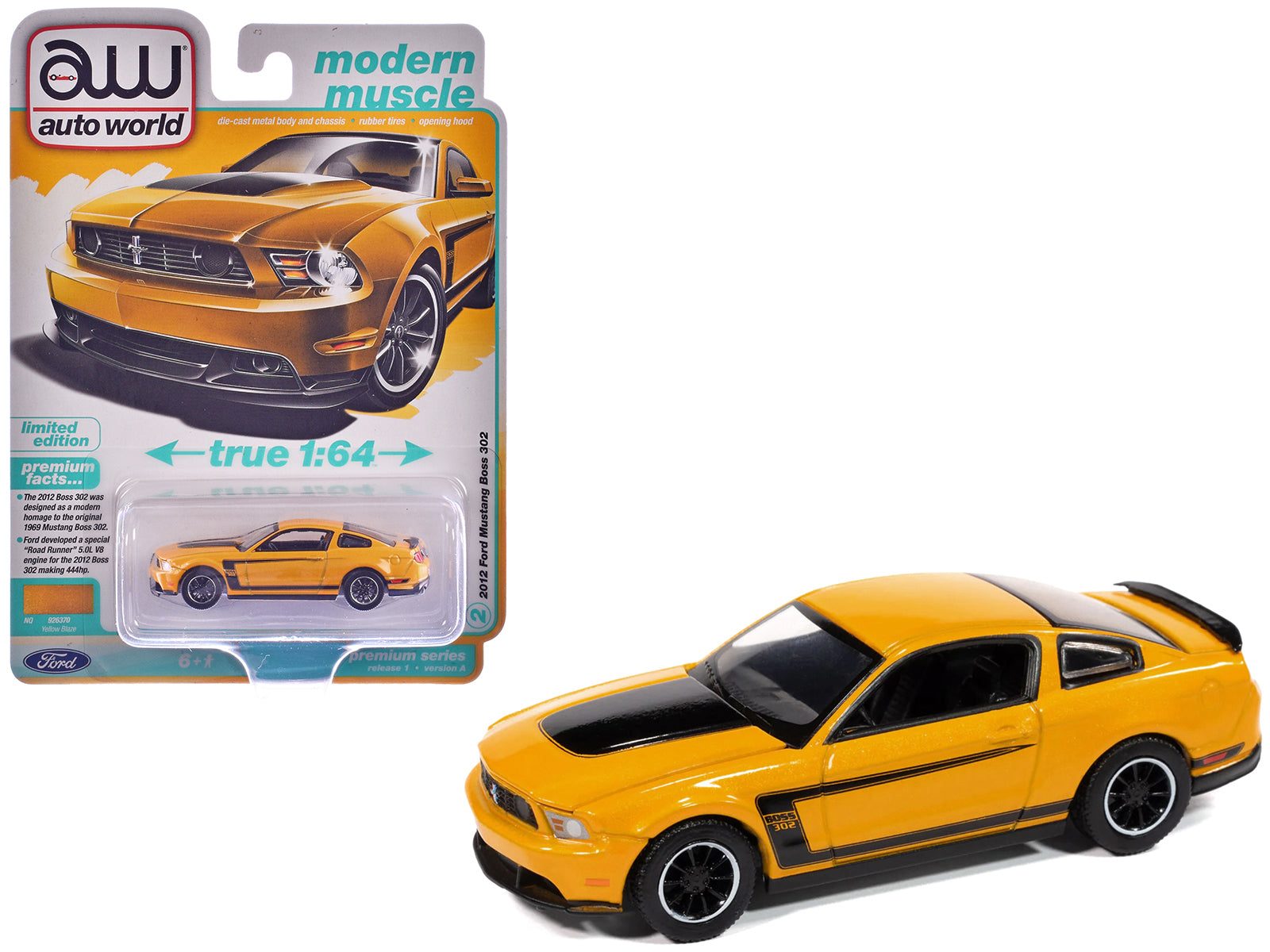 2012 Ford Mustang Boss 302 Yellow Blaze with Black Accents "Modern Muscle" Series 1/64 Diecast Model Car by Auto World