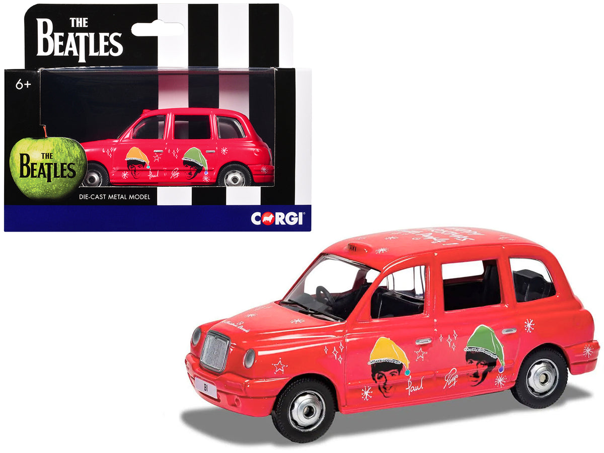 The Beatles London Taxi RHD (Right Hand Drive) "Christmas Taxi" Red with Graphics Diecast Model by Corgi