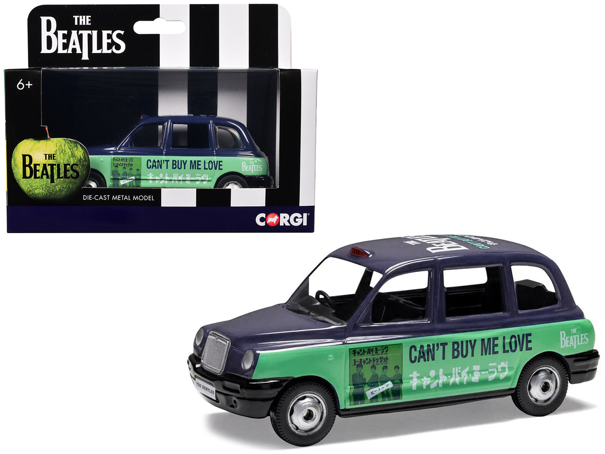 The Beatles London Taxi RHD (Right Hand Drive) "Can't Buy Me Love" Blue and Green with Graphics Diecast Model by Corgi