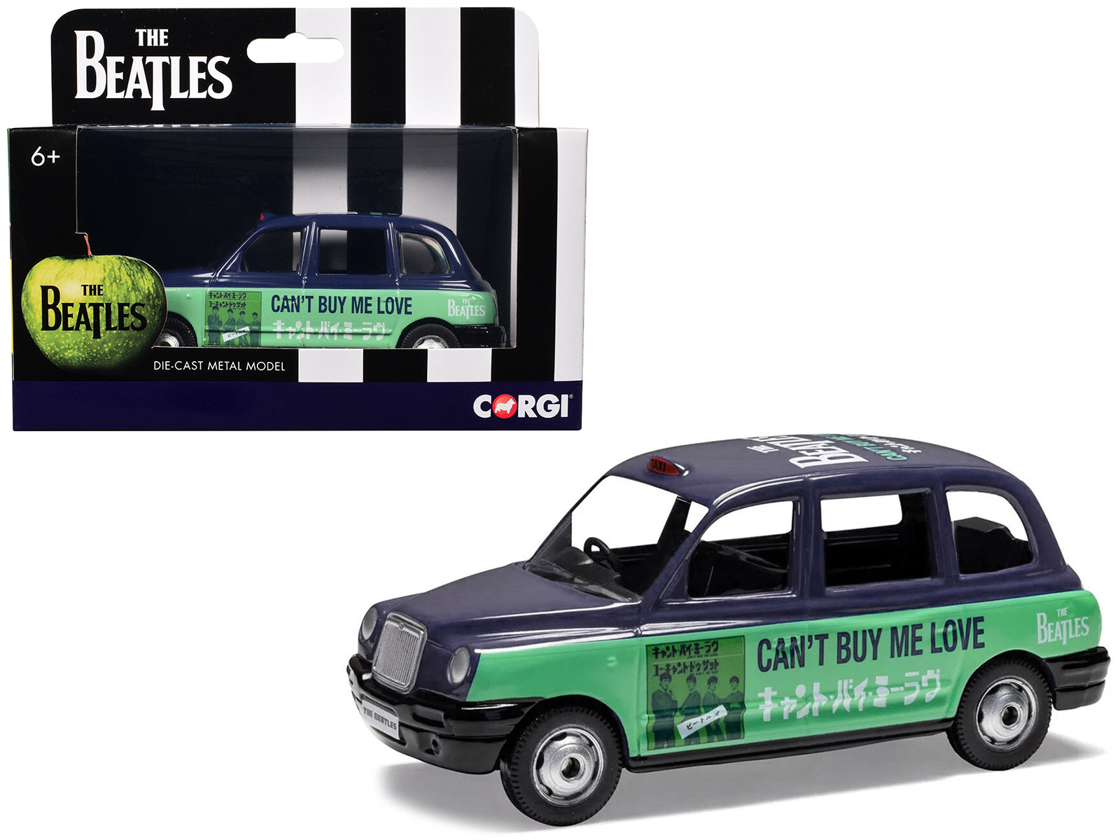 The Beatles London Taxi RHD (Right Hand Drive) "Can't Buy Me Love" Blue and Green with Graphics Diecast Model by Corgi