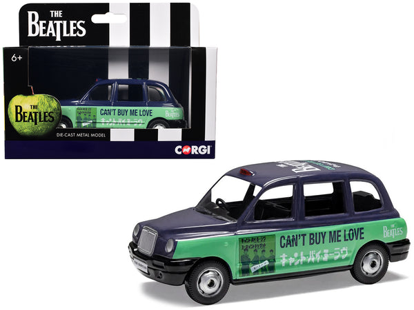 The Beatles London Taxi RHD (Right Hand Drive) "Can't Buy Me Love" Blue and Green with Graphics Diecast Model by Corgi