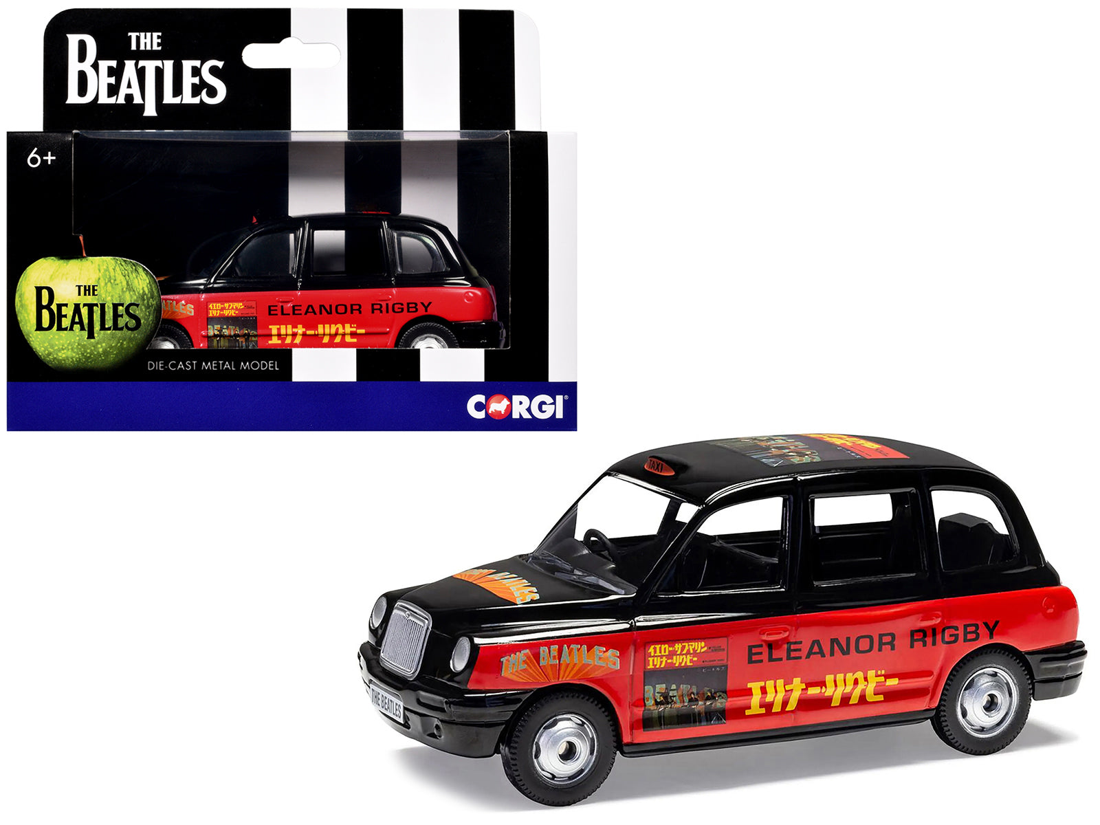 The Beatles London Taxi RHD (Right Hand Drive) "Eleanor Rigby - Yellow Submarine" Black and Red with Graphics Diecast Model by Corgi