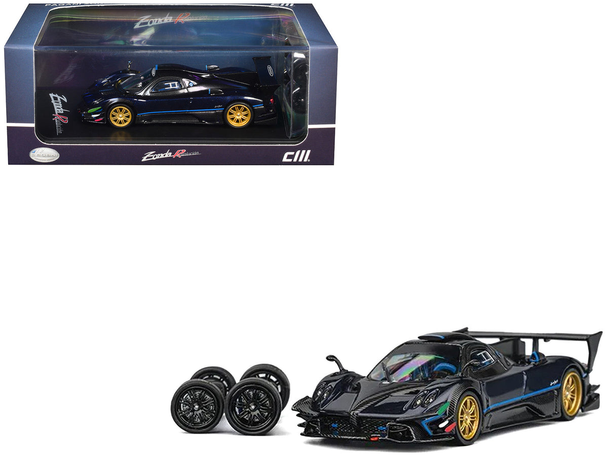 Pagani Zonda Revolucion Dark Blue Metallic and Carbon with Extra Wheels 1/64 Diecast Model Car by CM Model