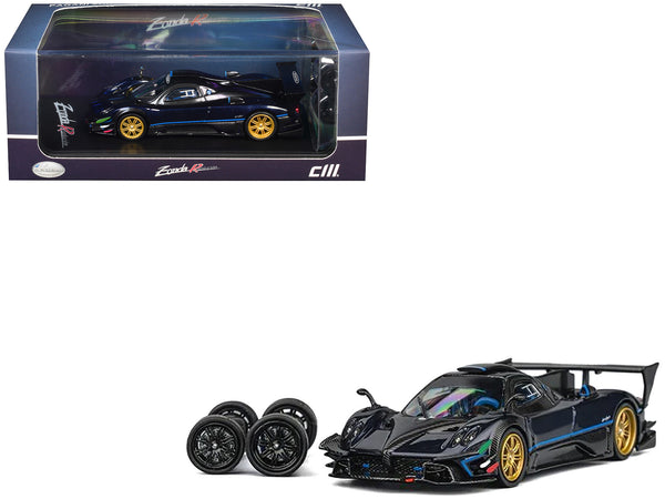 Pagani Zonda Revolucion Dark Blue Metallic and Carbon with Extra Wheels 1/64 Diecast Model Car by CM Model
