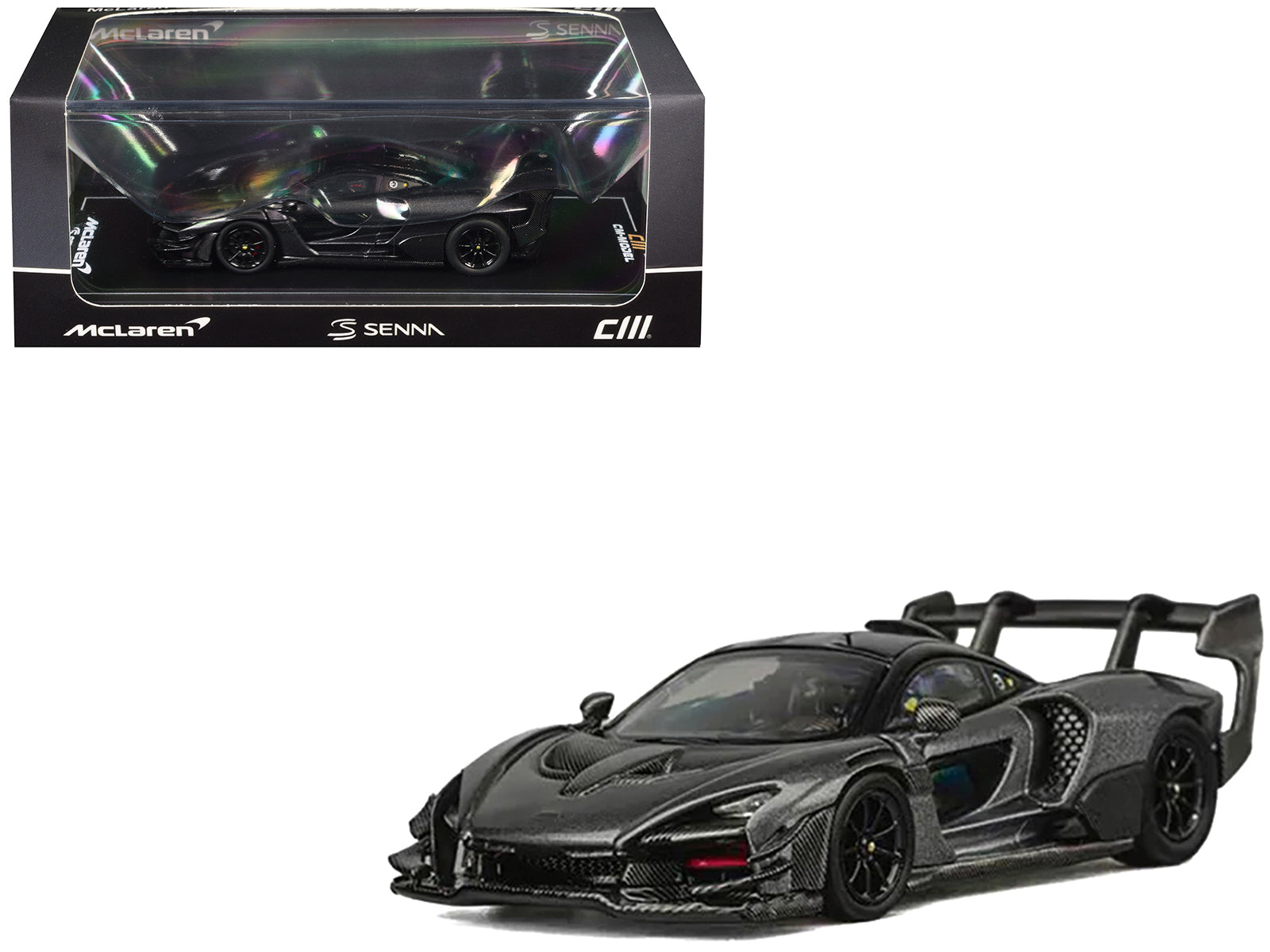 McLaren Senna GTR Dark Gray Metallic with Carbon Hood and Black Top 1/64 Diecast Model Car by CM Model