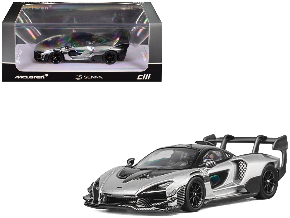 McLaren Senna GTR Silver Gray Metallic with Carbon Hood and Black Top 1/64 Diecast Model Car by CM Model