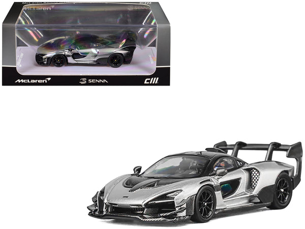 McLaren Senna GTR Silver Gray Metallic with Carbon Hood and Black Top 1/64 Diecast Model Car by CM Model