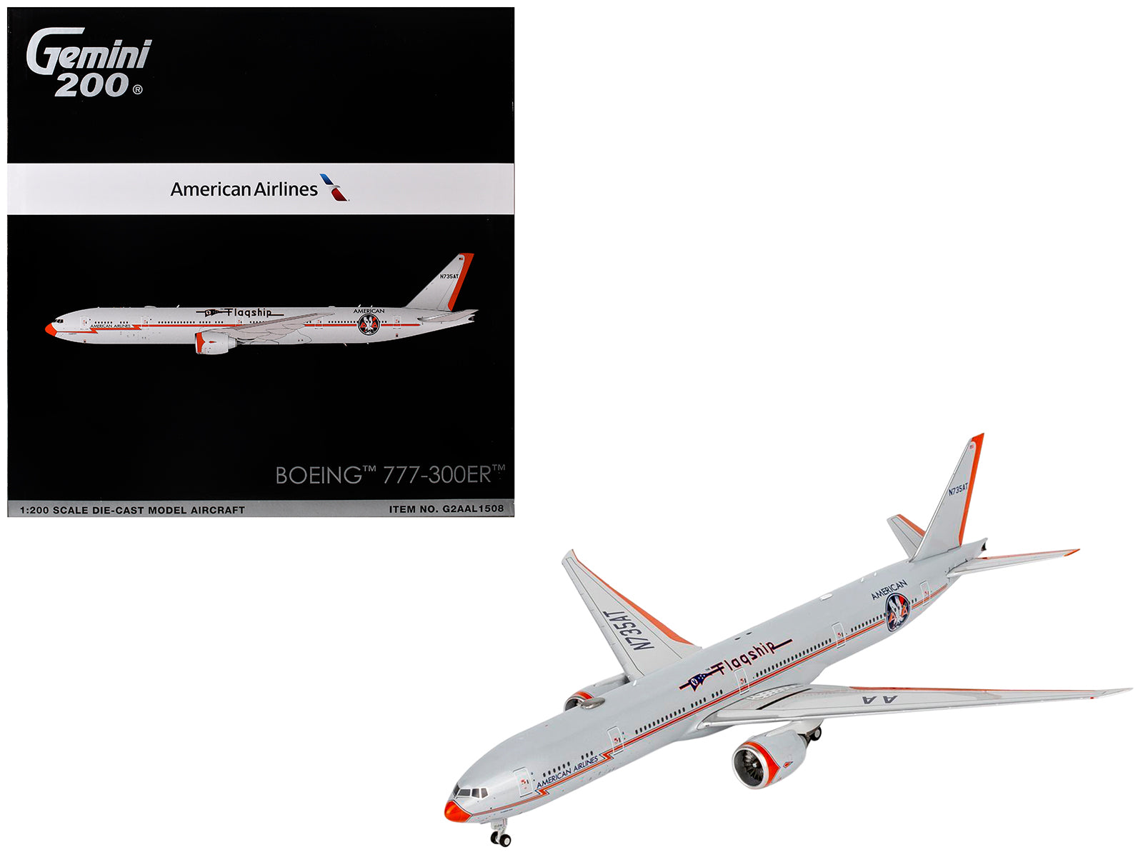 Boeing 777-300ER Commercial Aircraft "American Airlines - Flagship DFW" (N735AT) Silver with Otange Stripes "Gemini 200" Series 1/200 Diecast Model by GeminiJets