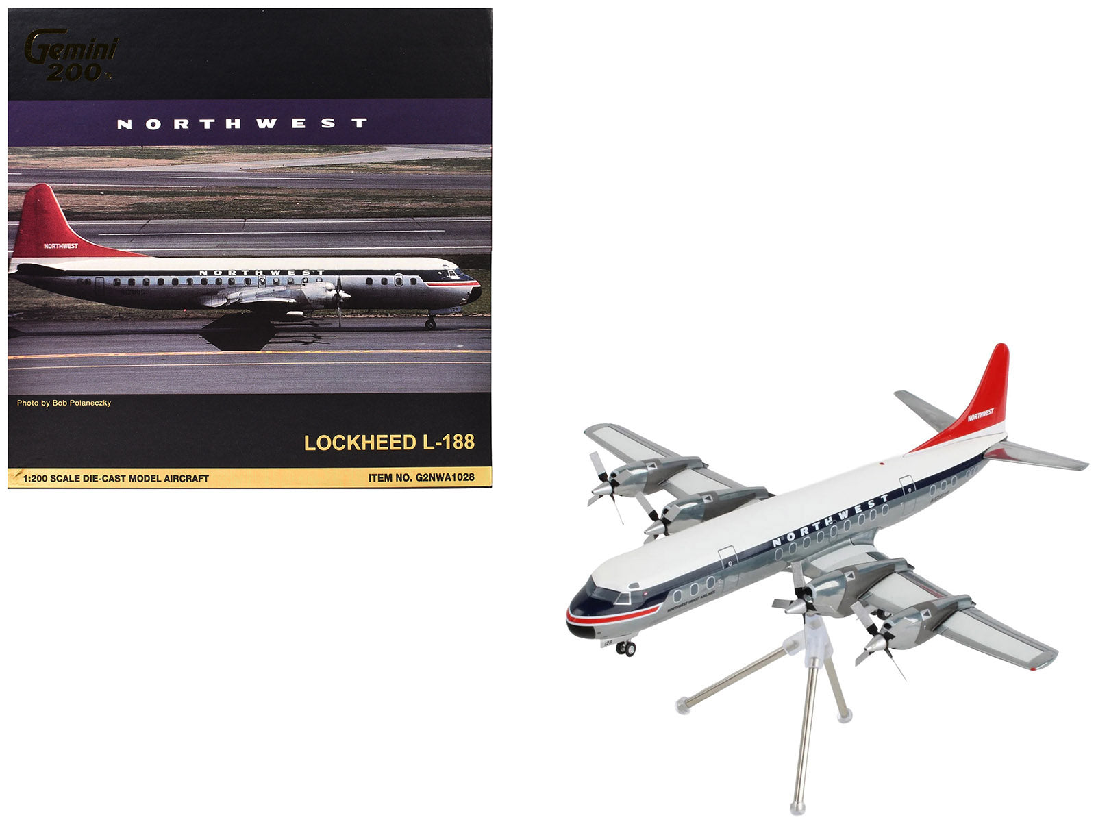 Lockheed L-188 Electra Commercial Aircraft "Northwest Orient" (N128US) White and Gray with Blue Stripes and Red Tail "Gemini 200" Series 1/200 Diecast Model Airplane by GeminiJets