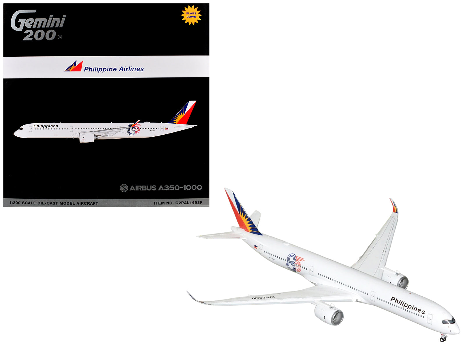 Airbus A350-1000 Commercial Aircraft with Flaps Down "Philippine Airlines" (RP-C3510) White with Tail Graphics "Gemini 200" 1/200 Diecast Model Airplane by GeminiJets