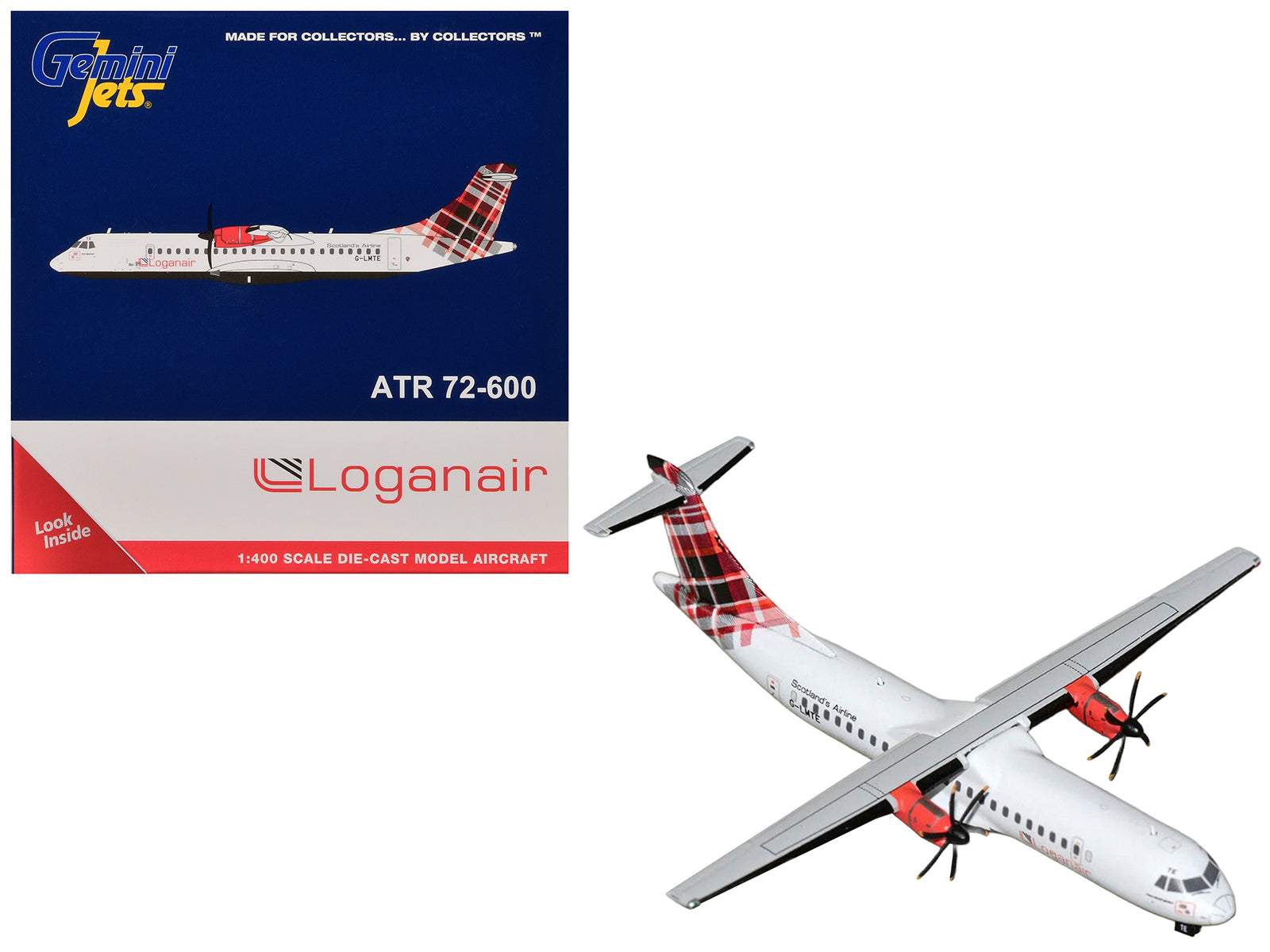 ATR 72-600 Commercial Aircraft "Loganair - Scotland's Airline" (G-LMTE) White with Red Plaid Tail 1/400 Diecast Model by GeminiJets