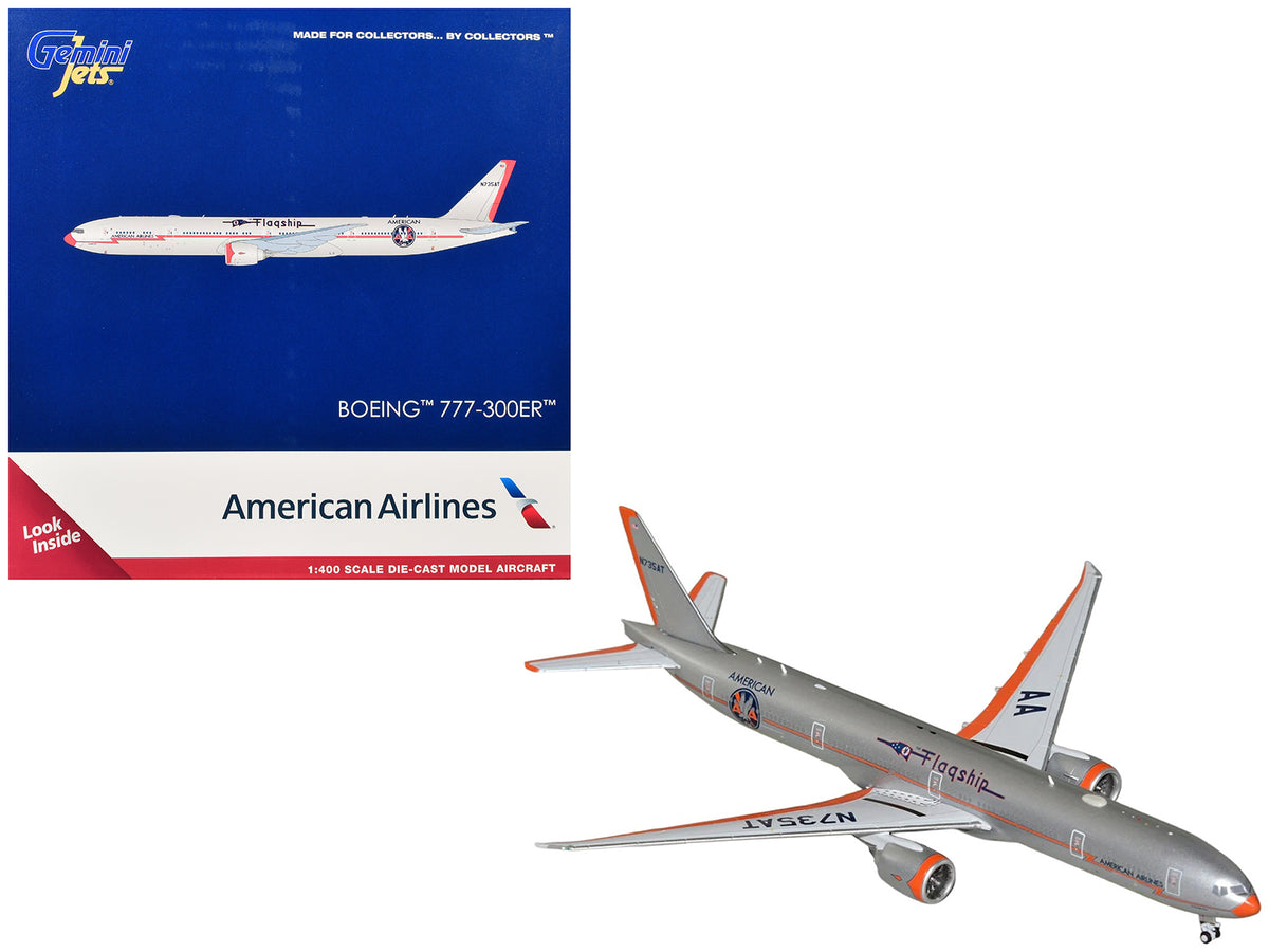 Boeing 777-300ER Commercial Aircraft "American Airlines - Flagship DFW" (N735AT) Silver with Orange Stripes 1/400 Diecast Model by GeminiJets