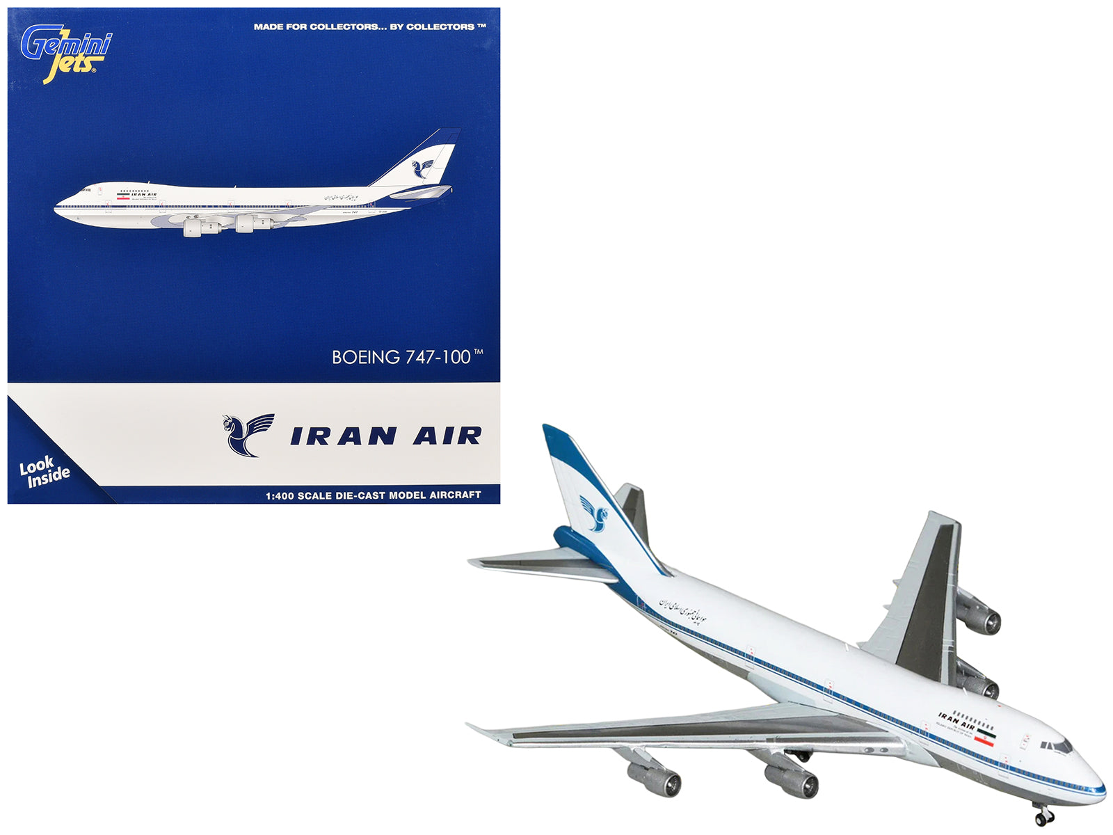 Boeing 747-100 Commercial Aircraft "Iran Air" (EP-IAM) White with Blue Stripes 1/400 Diecast Model by GeminiJets
