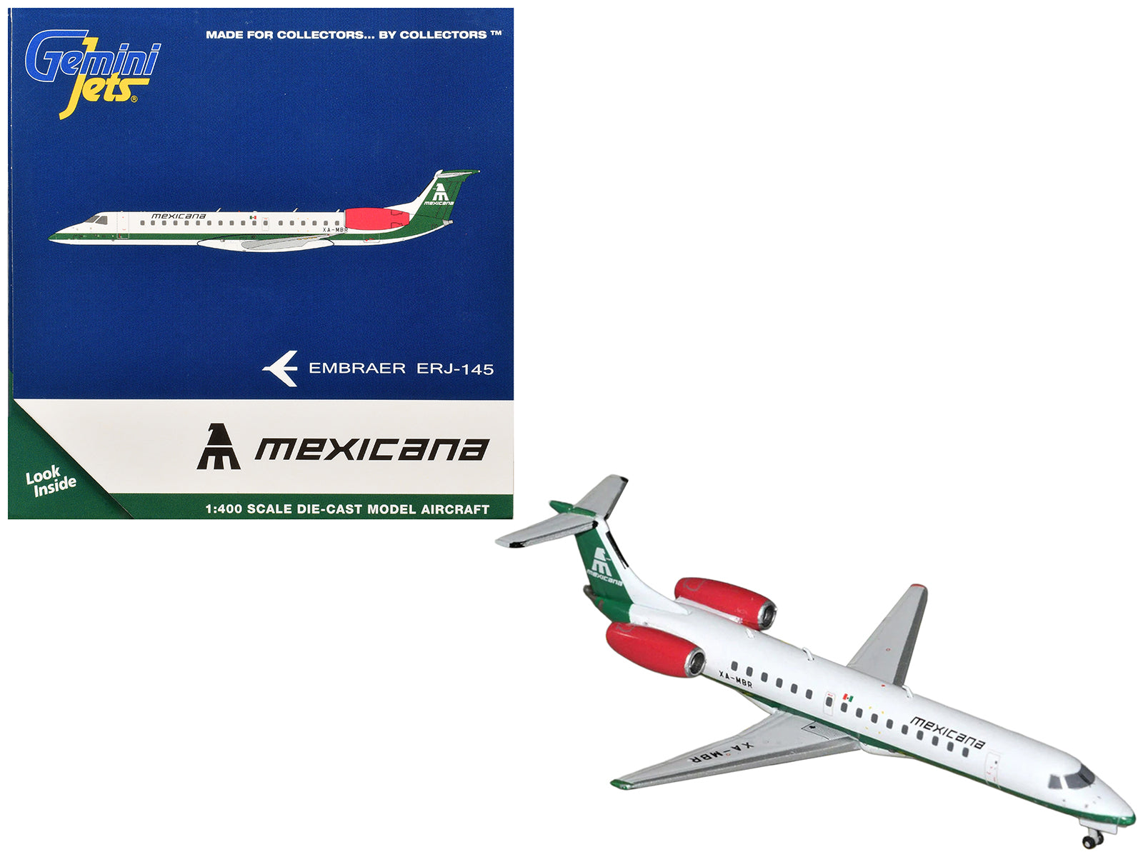 Embraer ERJ-145 Commercial Aircraft "Mexicana de Aviacion" (XA-MBR) White with Green Stripes 1/400 Diecast Model by GeminiJets