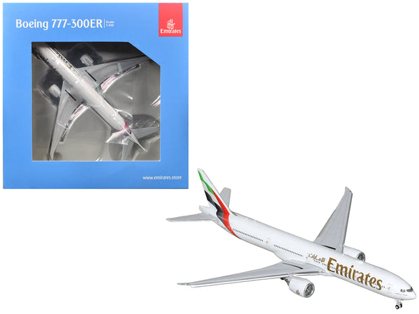 Boeing 777-300ER Commercial Aircraft with Flaps Down "Emirates Airlines" (A6-EQH) White with Striped Tail 1/400 Diecast Model by GeminiJets