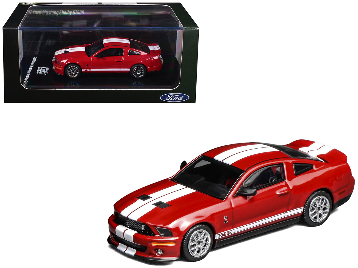 2007 Ford Mustang Shelby GT500 Torch Red with White Stripes 1/64 Diecast Model Car by MotorHelix & Greenlight