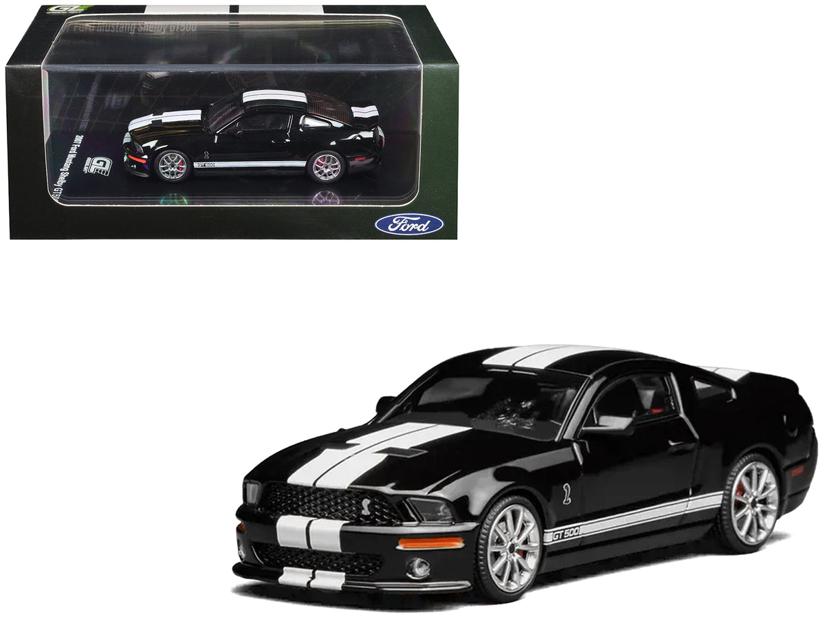 2007 Ford Mustang Shelby GT500 Ebony Black with White Stripes 1/64 Diecast Model Car by MotorHelix & Greenlight