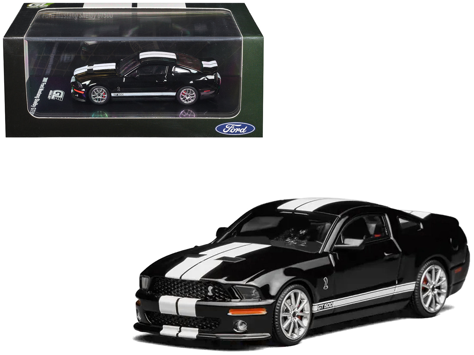 2007 Ford Mustang Shelby GT500 Ebony Black with White Stripes 1/64 Diecast Model Car by MotorHelix & Greenlight