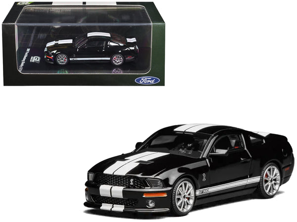 2007 Ford Mustang Shelby GT500 Ebony Black with White Stripes 1/64 Diecast Model Car by MotorHelix & Greenlight
