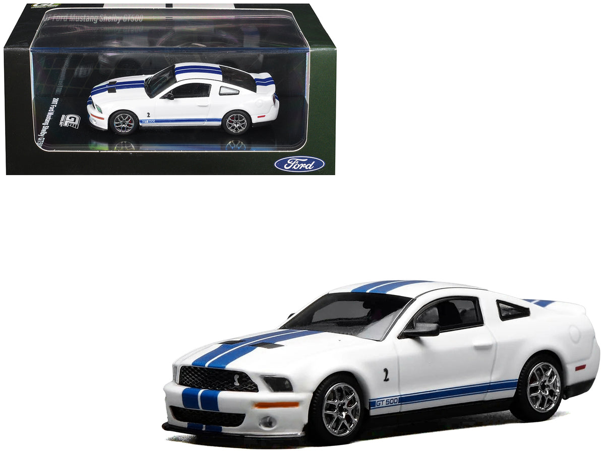 2007 Ford Mustang Shelby GT500 Performance White with Blue Stripes 1/64 Diecast Model Car by MotorHelix & Greenlight