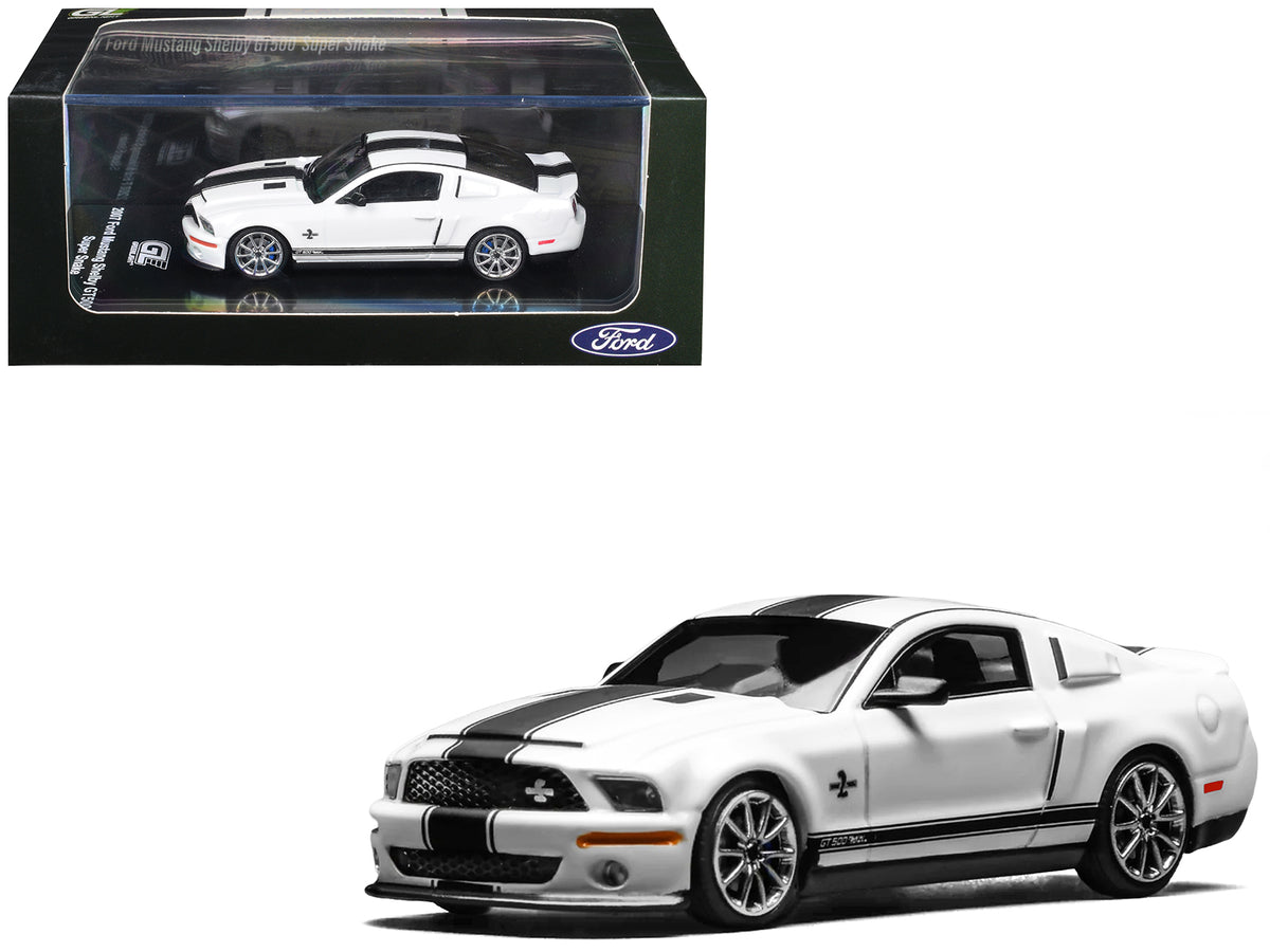 2007 Ford Mustang Shelby GT500 Super Snake Performance White with Matt Black Stripes 1/64 Diecast Model Car by MotorHelix & Greenlight
