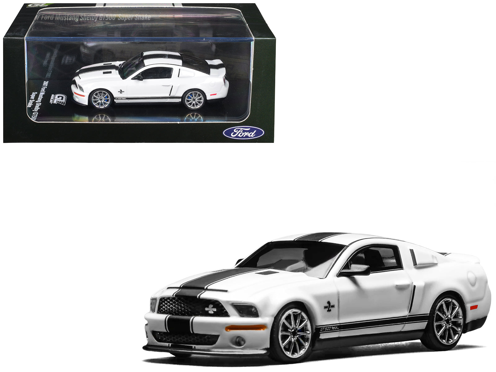 2007 Ford Mustang Shelby GT500 Super Snake Performance White with Matt Black Stripes 1/64 Diecast Model Car by MotorHelix & Greenlight