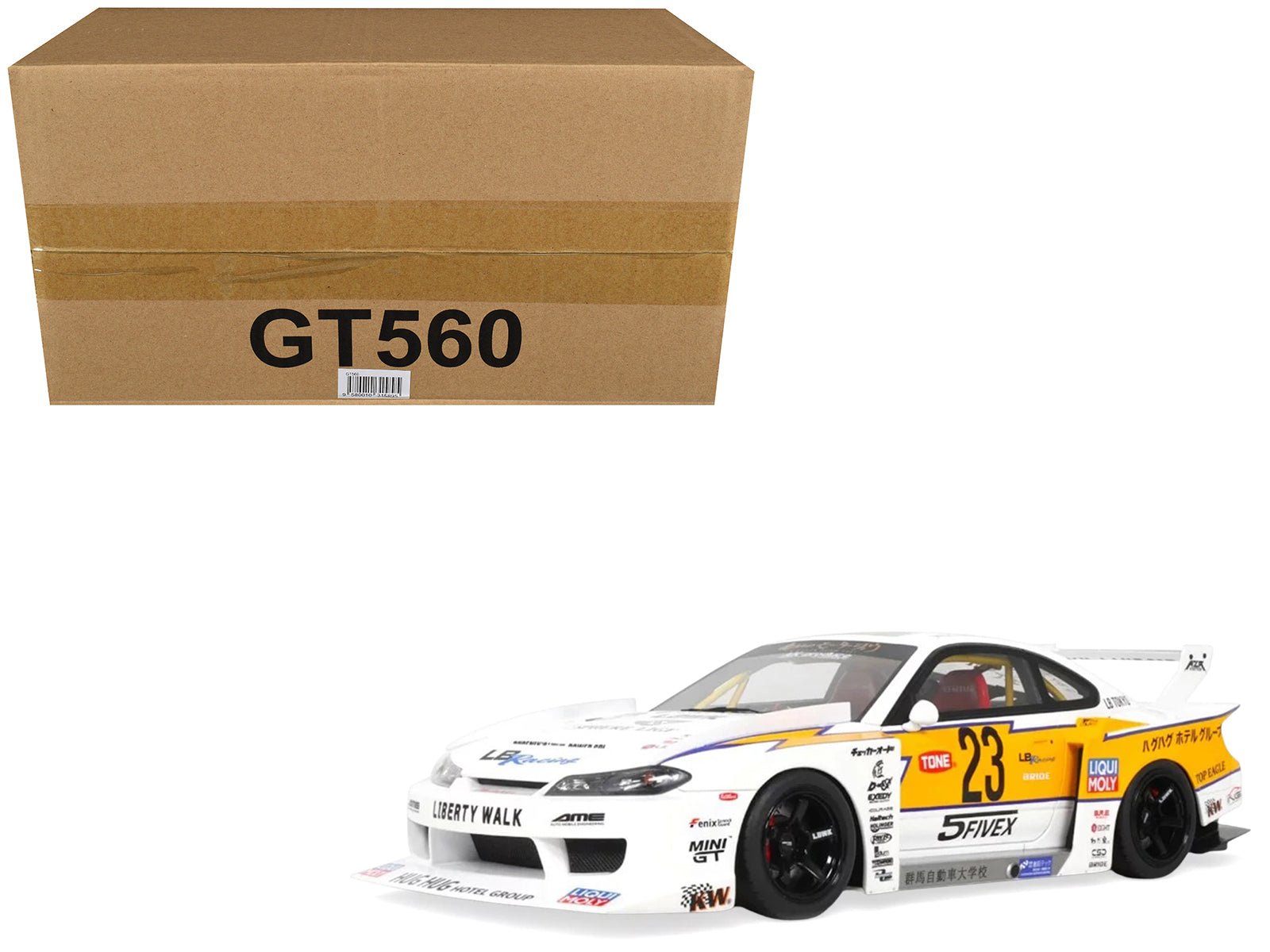 2021 Nissan Silvia (S15) LB-Super Silhouette RHD (Right Hand Drive) #23 White with Yellow Stripes 1/18 Model Car by GT Spirit