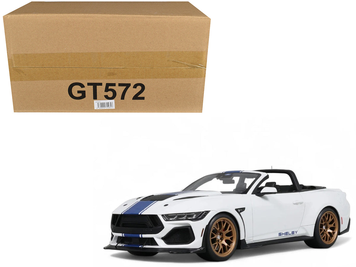 2025 Shelby Mustang Supersnake Convertible White with Blue Stripes 1/18 Model Car by GT Spirit