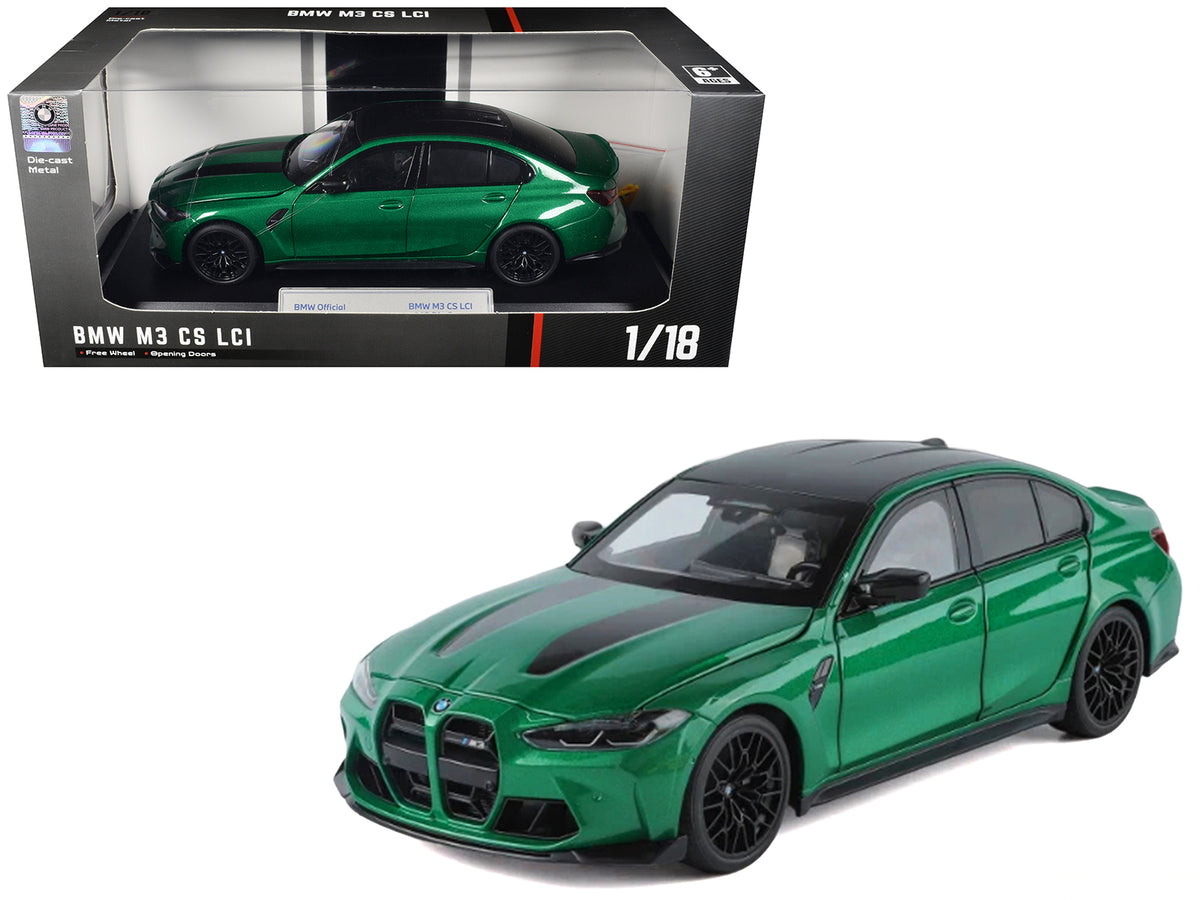 BMW M3 CS LCI Green Metallic with Matt Black Top and Hood Stripes 1/18 Diecast Model Car by Heimanba