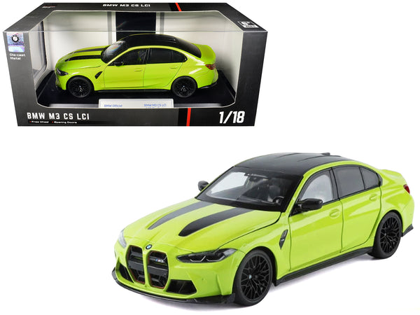 BMW M3 CS LCI Lime Green Metallic with Matt Black Top and Hood Stripes 1/18 Diecast Model Car by Heimanba