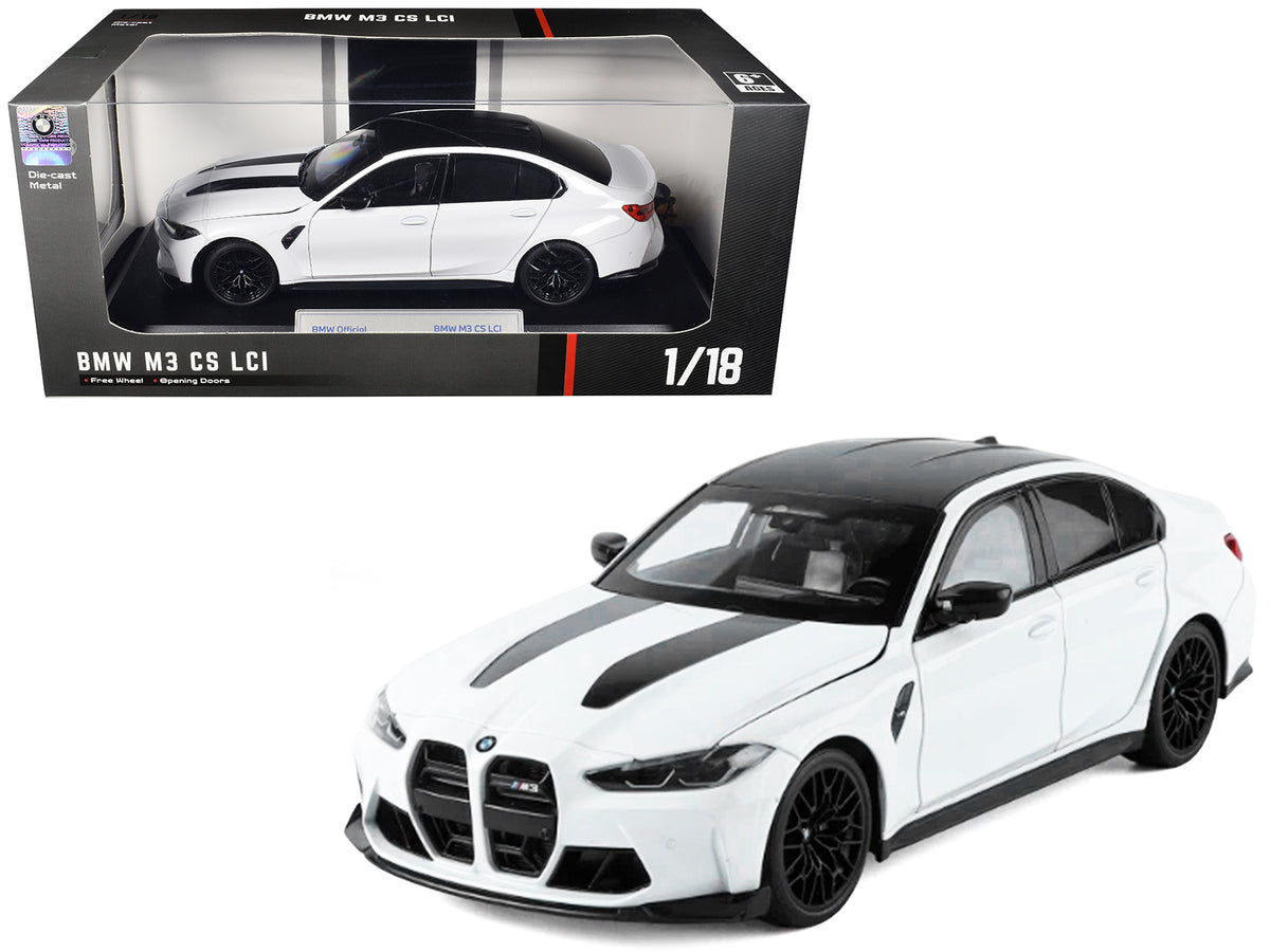 BMW M3 CS LCI White Metallic with Matt Black Top and Hood Stripes 1/18 Diecast Model Car by Heimanba