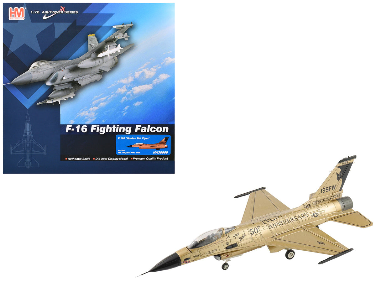 Lockheed F-16A Fighting Falcon Fighter Aircraft "85-1565 Golden Bat Viper 185 ARW Iowa ANG Squadron 50th Anniversary" (2022) United States Air Force "Air Power Series" 1/72 Diecast Model by Hobby Master