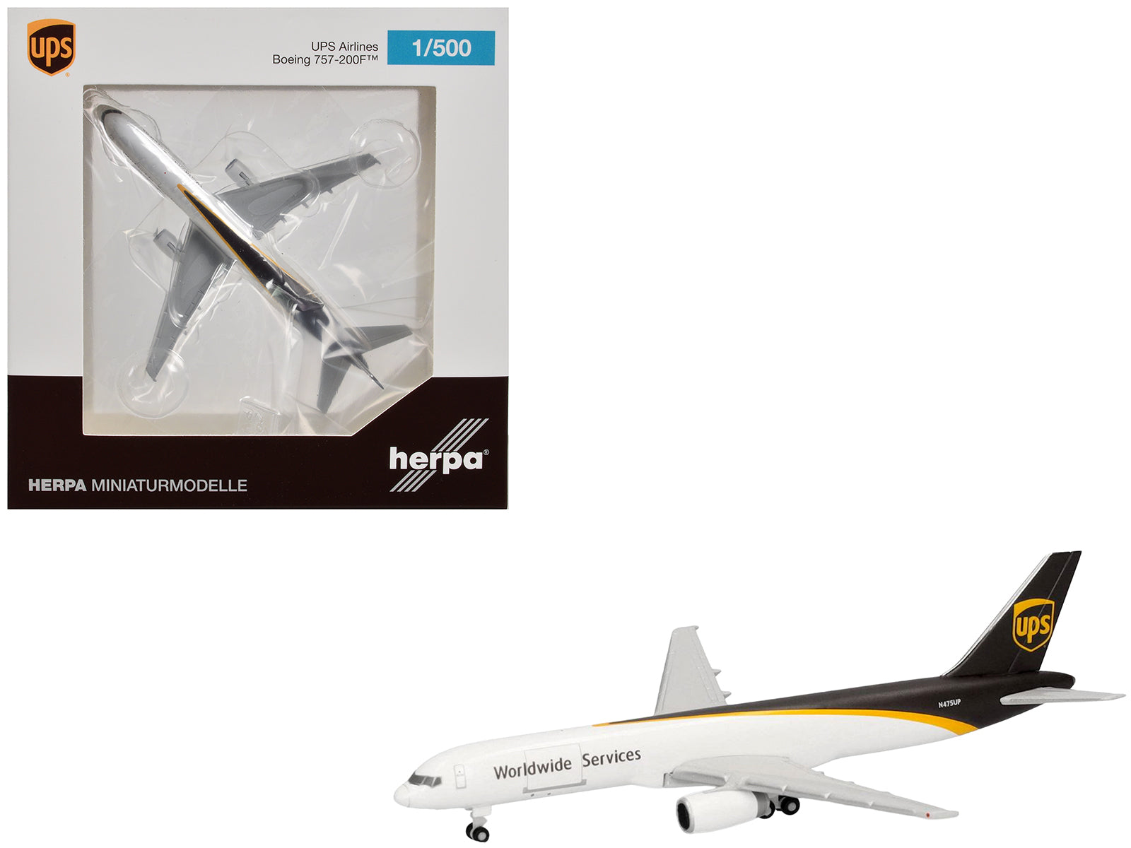 Boeing 757-200F Commercial Aircraft "UPS Worldwide Service" (N475UP) White with Brown Tail 1/500 Diecast Model Airplane by Herpa