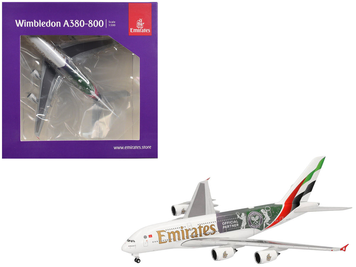 Airbus A380-800 Commercial Aircraft "Emirates Airlines - Wimbledon Official Partner" (A6-EOE) White with Graphics 1/500 Diecast Model Airplane by Herpa