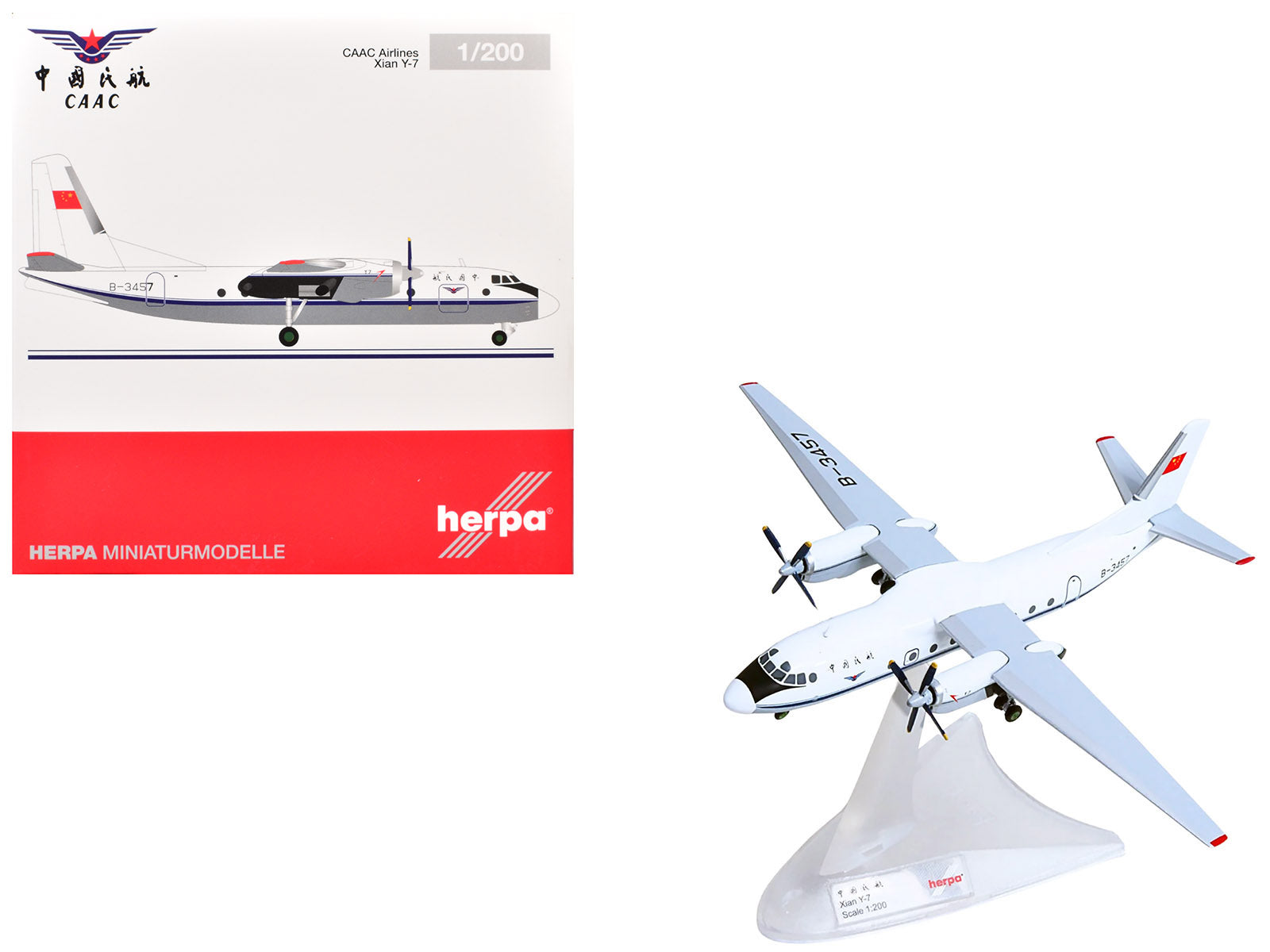Xian Y-7 Commercial Aircraft "CAAC Airlines" (B-3457) White with Blue Stripes 1/200 Diecast Model by Herpa