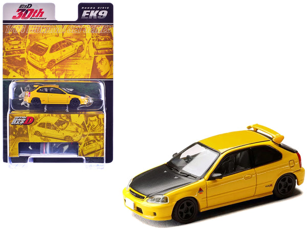 Honda Civic (EK9) RHD (Right Hand Drive) Yellow with Carbon Hood "Initial D" (1995-2013) Manga "Diorama Set Series" 1/64 Diecast Model car by Hobby Japan